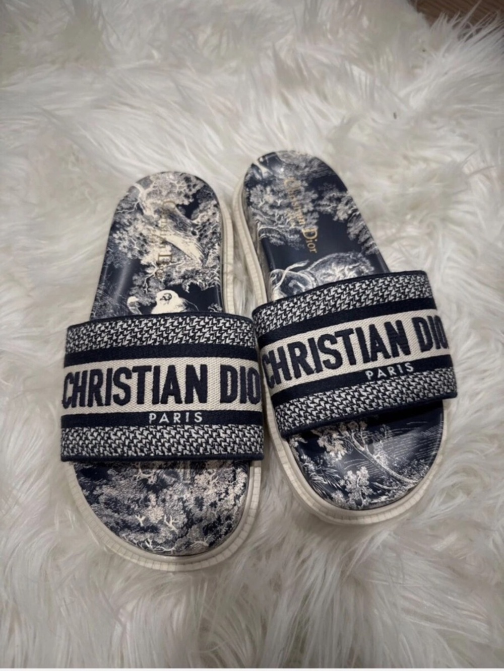Dior Navy and Cream 'Christian Dior' Slide Sandals